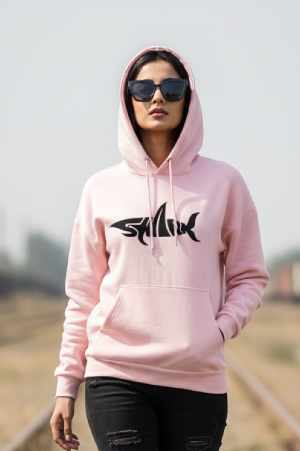 Women's Shark Typography Baby Pink Oversized Hooded Sweatshirt