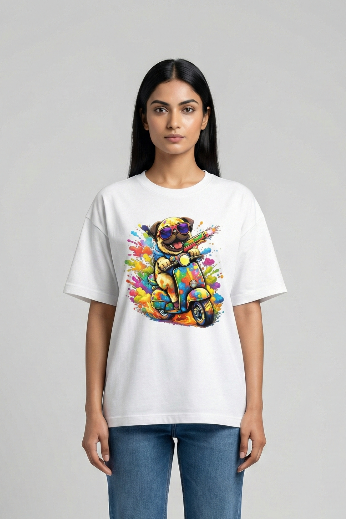 Women's Holi Vibes Scooter Dog – Classic Oversized White T-Shirt
