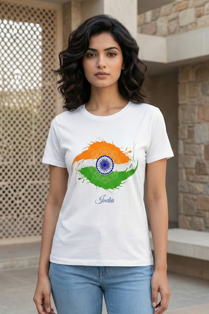 Women's Tricolour Brush Art with Ashoka Chakra Classic Crew T-Shirt