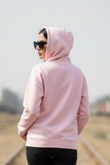 Women's Shark Typography Baby Pink Oversized Hooded Sweatshirt