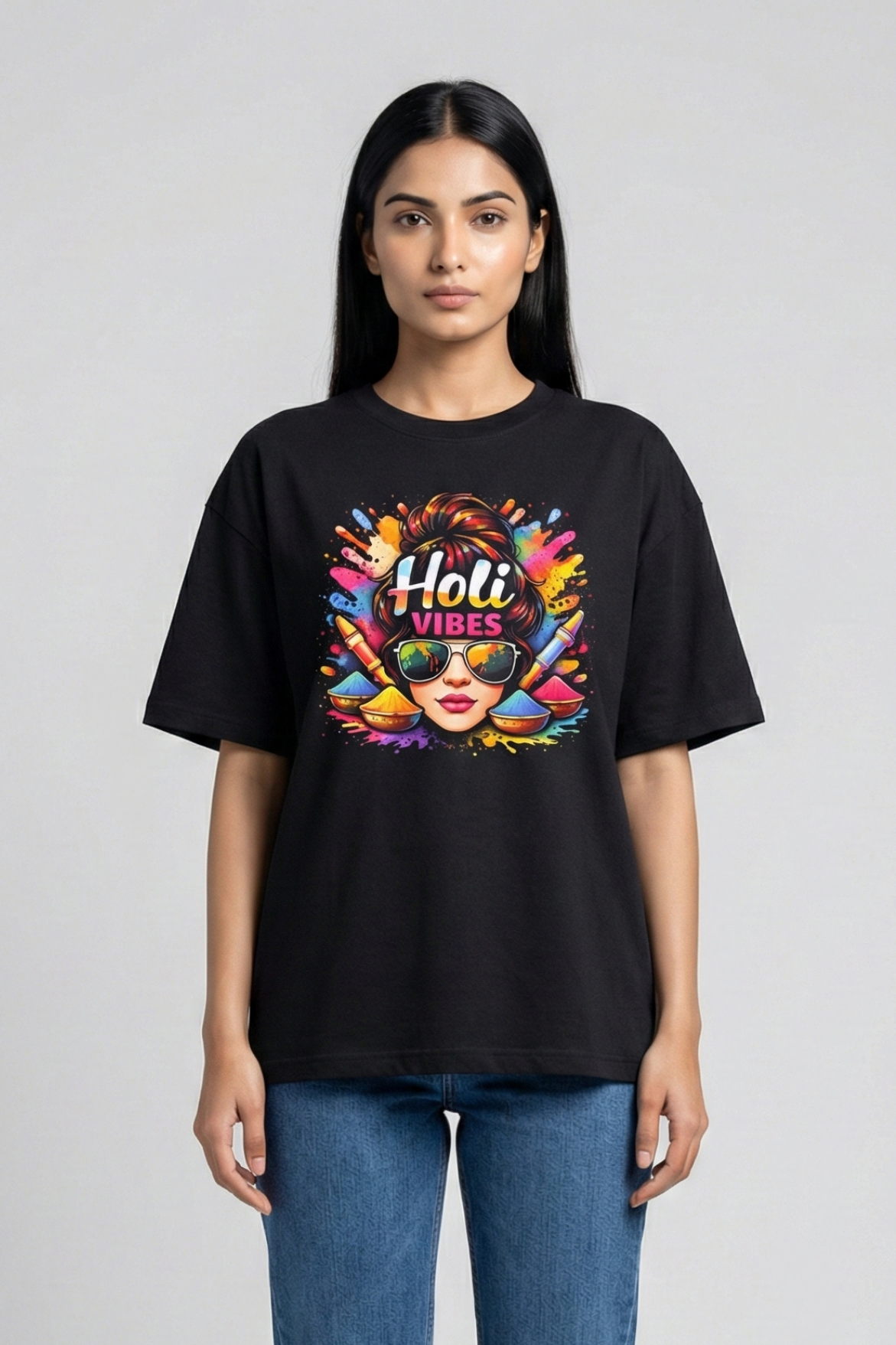 Women's Holi Vibes Pop Art – Classic Oversized Black T-Shirt