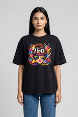 Women's Holi Vibes Pop Art – Classic Oversized Black T-Shirt