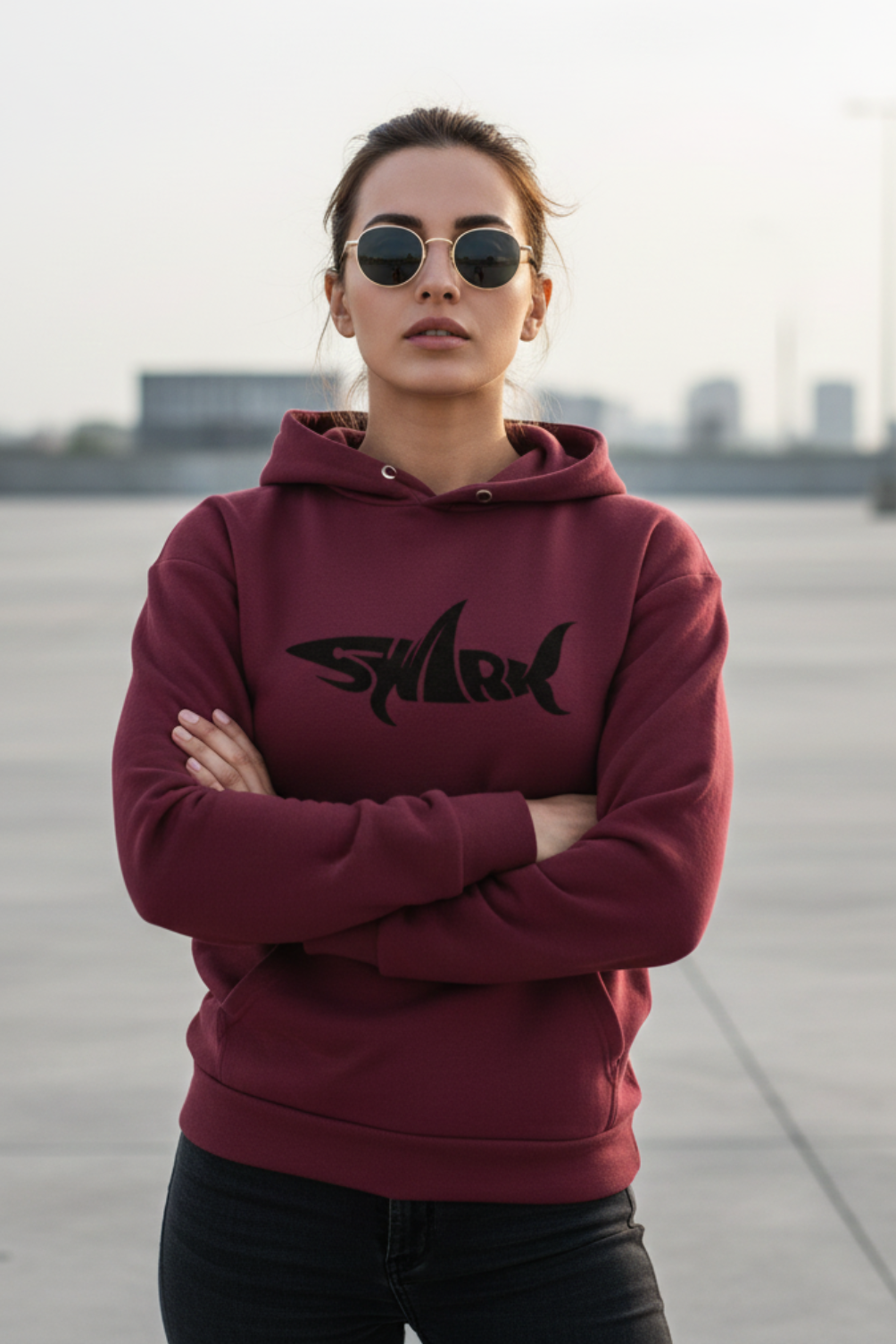 Women's Shark Typography Maroon Oversized Hooded Sweatshirt