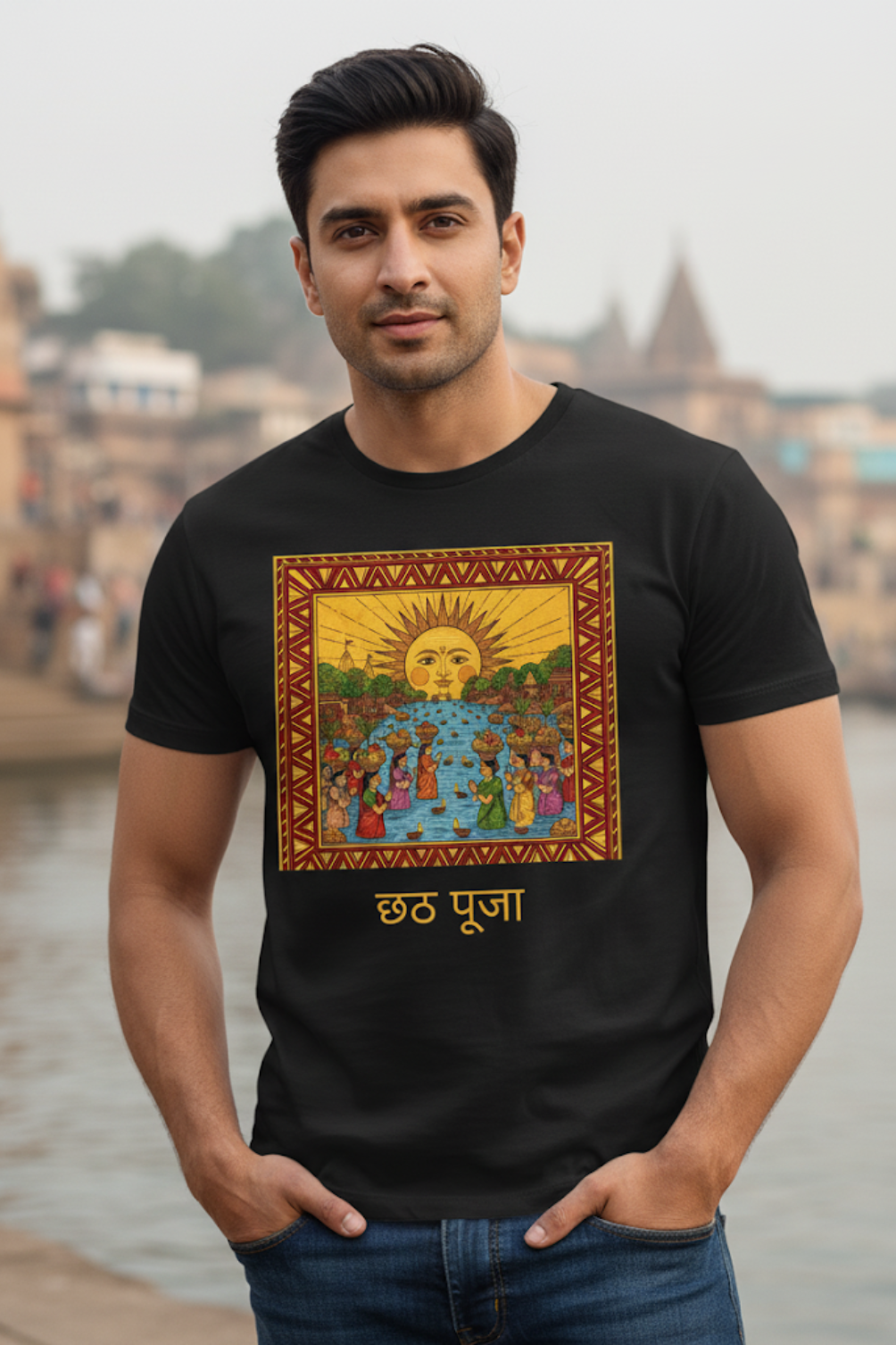 Unisex Ornate Traditional Chhath Puja Classic Crew Black T-Shirt