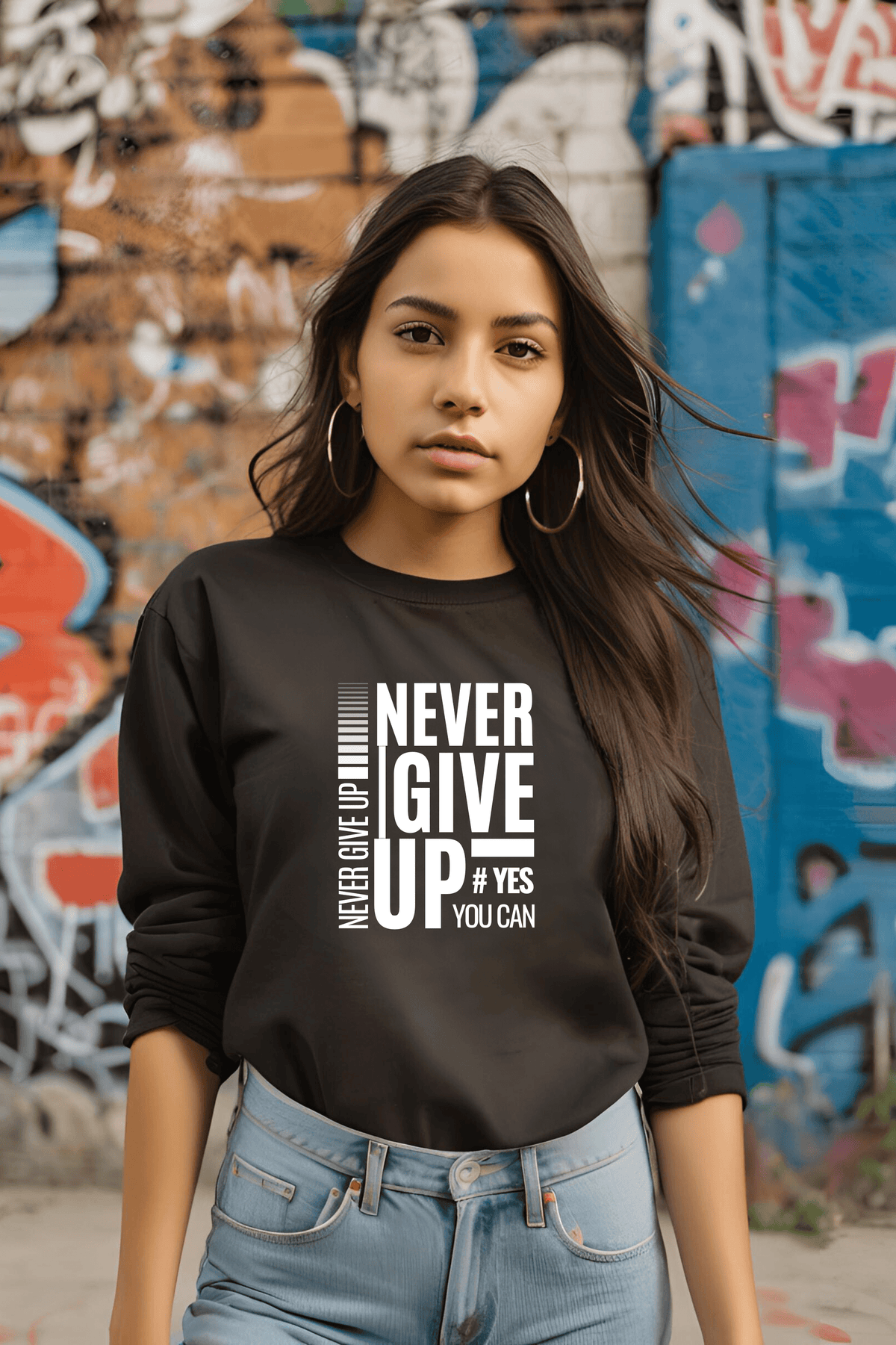 Women's Black Round Neck Full Sleeve Motivational T-shirt