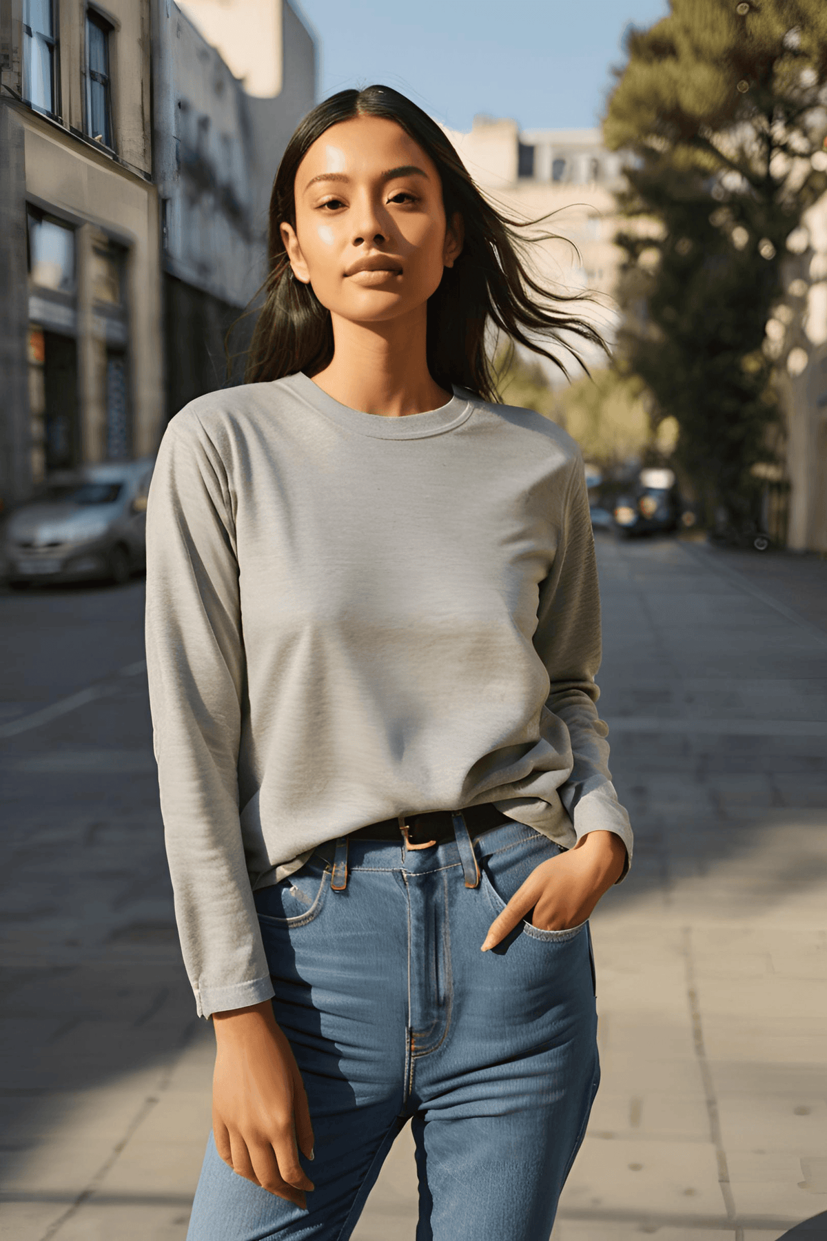 Women's Round Neck Full Sleeve Grey Plain T-shirt