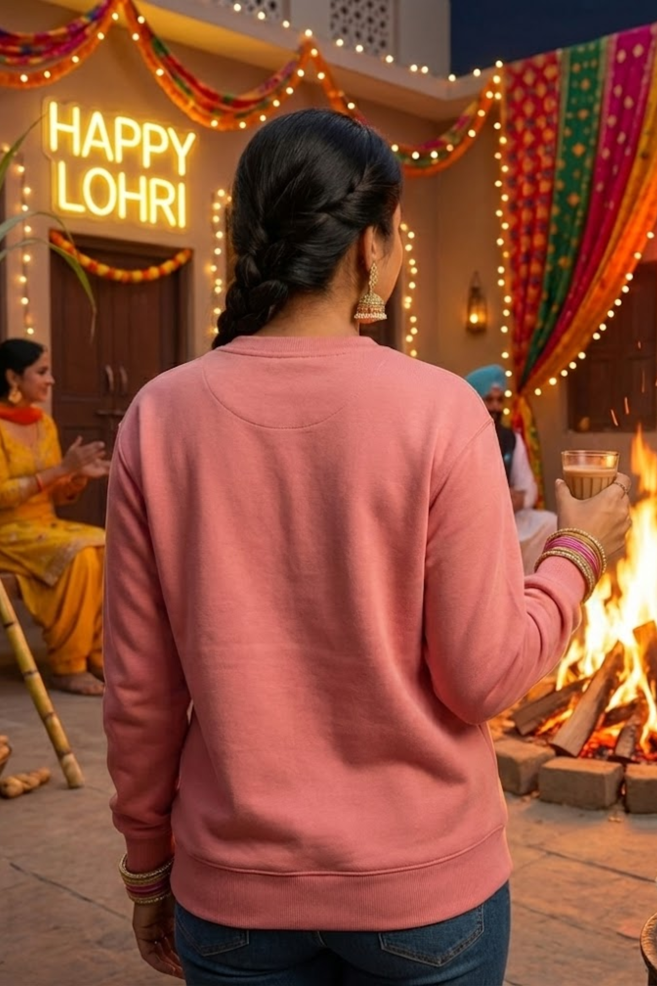 Women's Coral Pop Goes the Lohri – Festive Cotton Sweatshirt