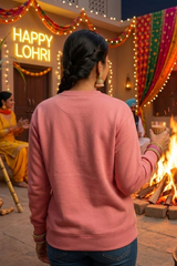 Women's Coral Pop Goes the Lohri – Festive Cotton Sweatshirt
