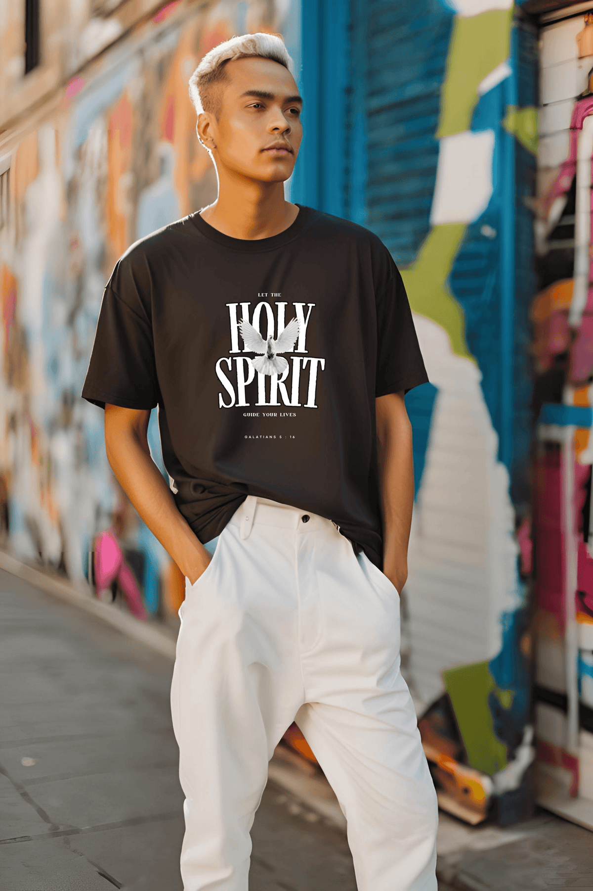 Unisex Black Round Neck Half Sleeve Holy Spirit Oversized T-shirt