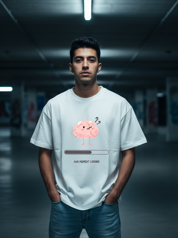 Unisex White Funny Thinking Brain Terry Cotton Oversized T-shirt