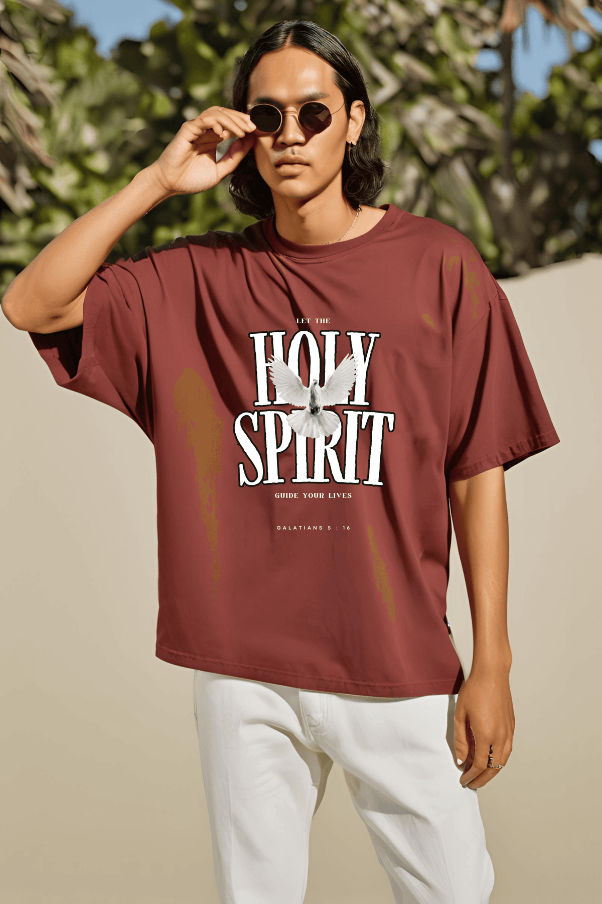 Unisex Maroon Round Neck Half Sleeve Holy Spirit Oversized T-shirt