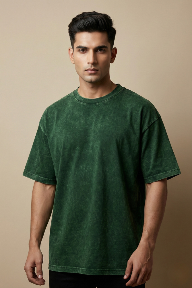 Men's Acid Washed Oversized Bottle Green Tee