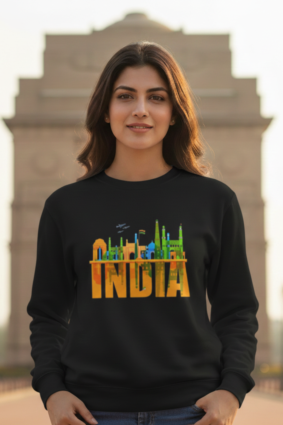 Women's INDIA Skyline Tricolour Art Black Sweatshirt