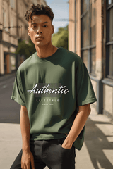 Unisex Bottle Green Round Neck Half Sleeve Authentic Oversized T-shirt