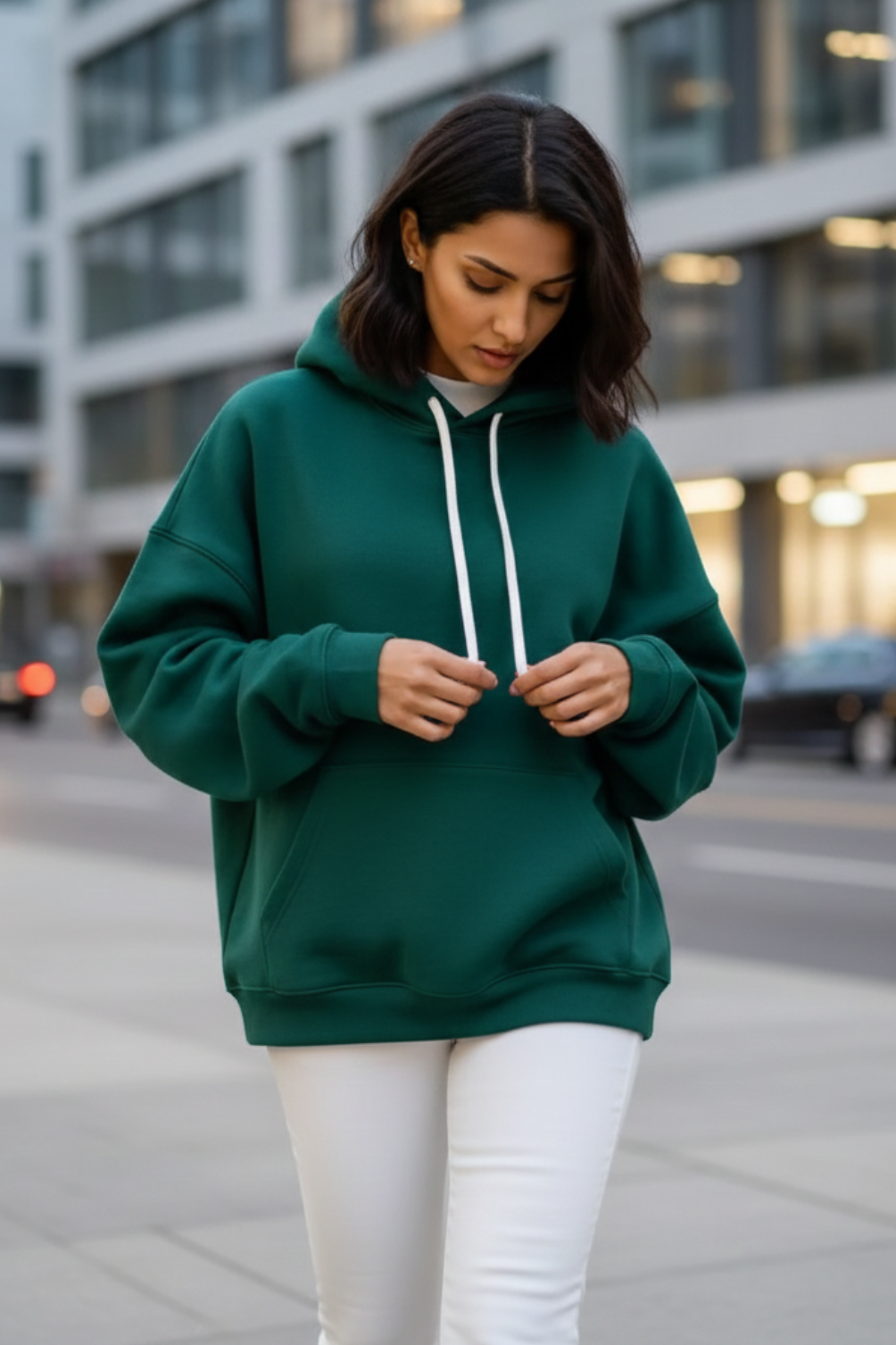 Women's Bottle Green Oversized Hooded Plain Sweatshirt
