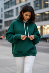 Women's Bottle Green Oversized Hooded Plain Sweatshirt