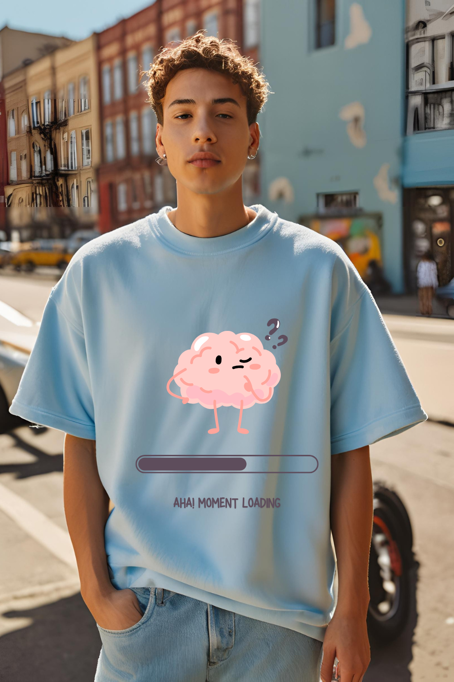 Unisex Baby Blue Funny Thinking Brain Terry Cotton Oversized T-shirt