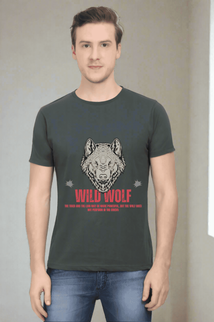 Mens Round Neck Steel Grey Half Sleeve Wild Wolf Tshirt