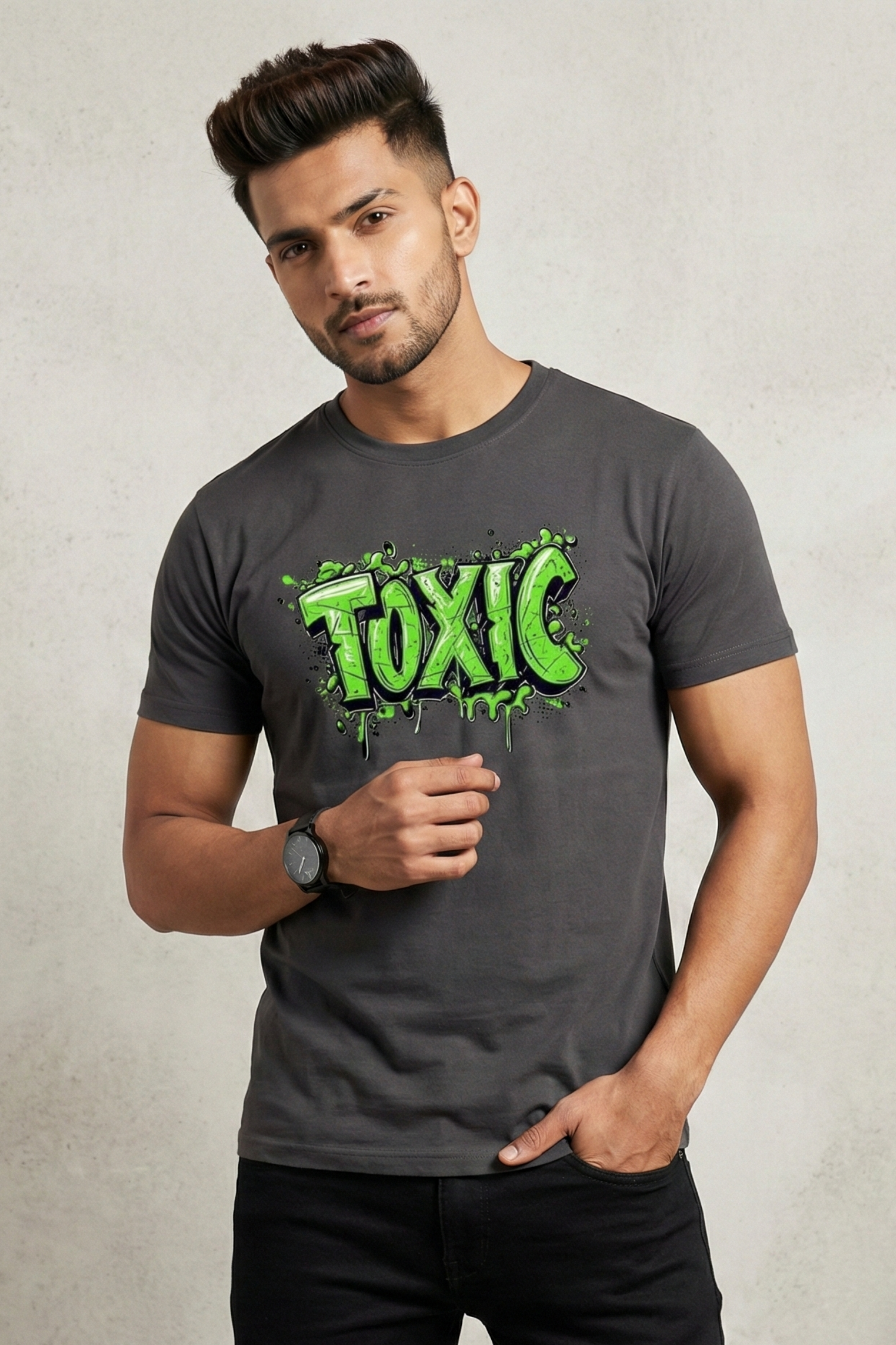 Men's Toxic – Graffiti Street Style Classic Crew Steel Grey T-Shirt