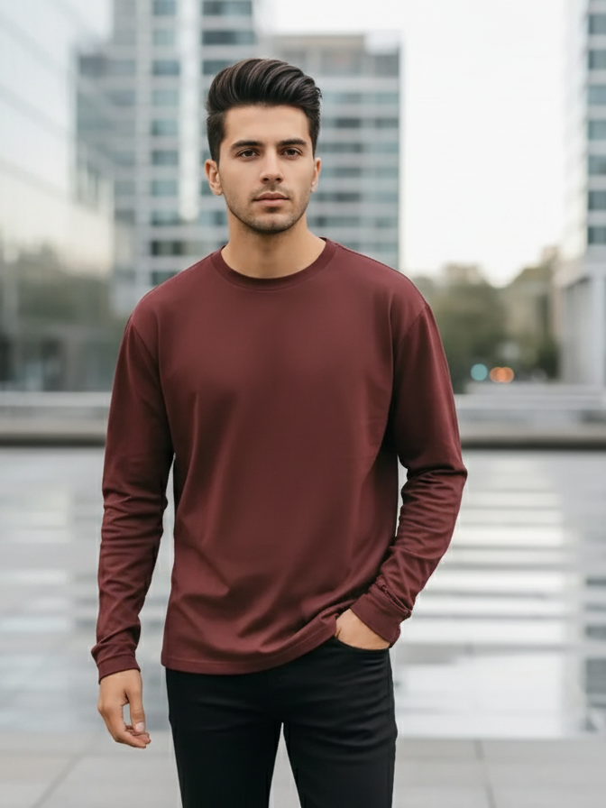 Men's Maroon Round Neck Full Sleeve Plain T-shirt