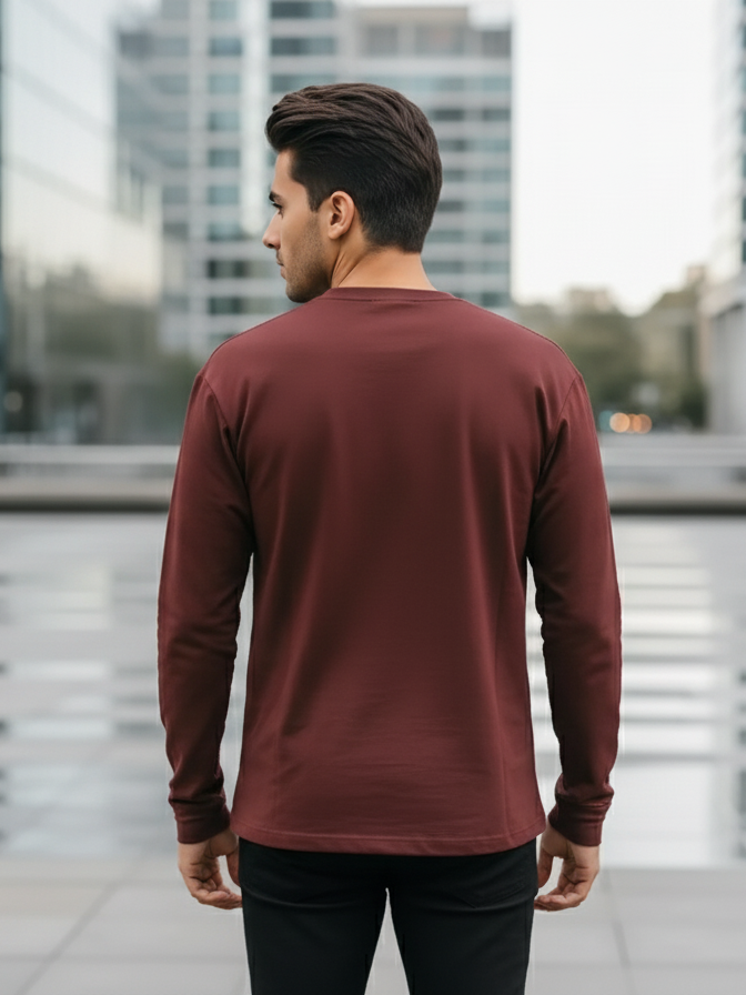 Men's Maroon Round Neck Full Sleeve Plain T-shirt