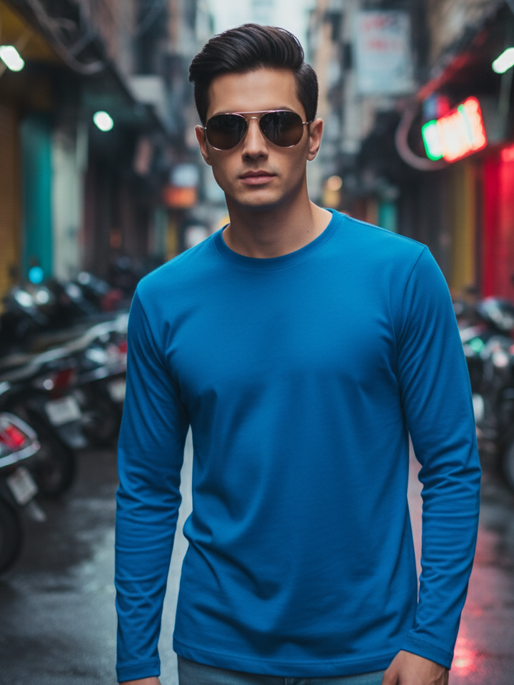 Men's Royal Blue Round Neck Full Sleeve Plain T-shirt