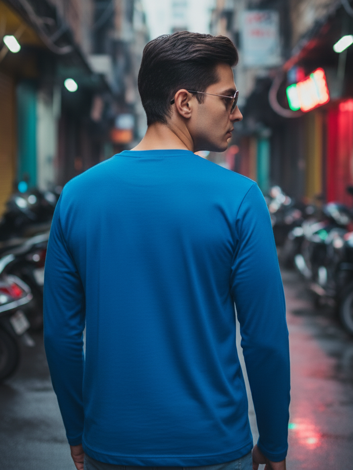 Men's Royal Blue Round Neck Full Sleeve Plain T-shirt
