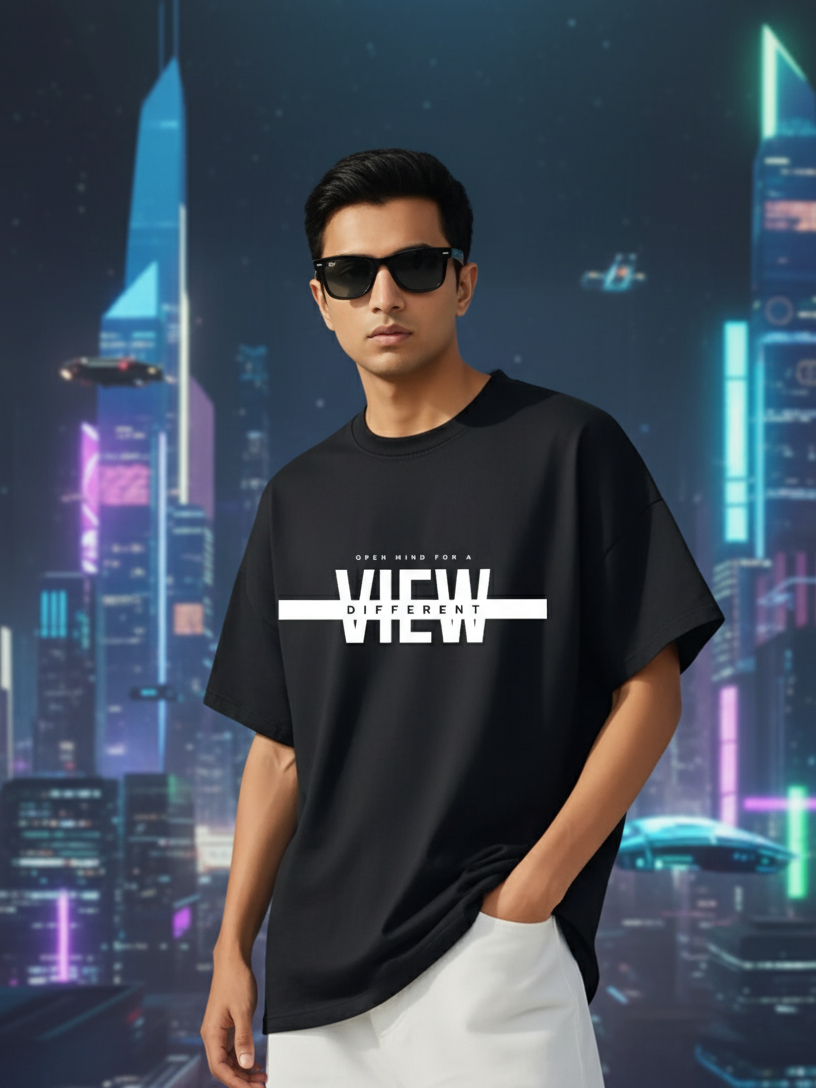 Unisex Black Round Neck Half Sleeve Different View Oversized T-shirt