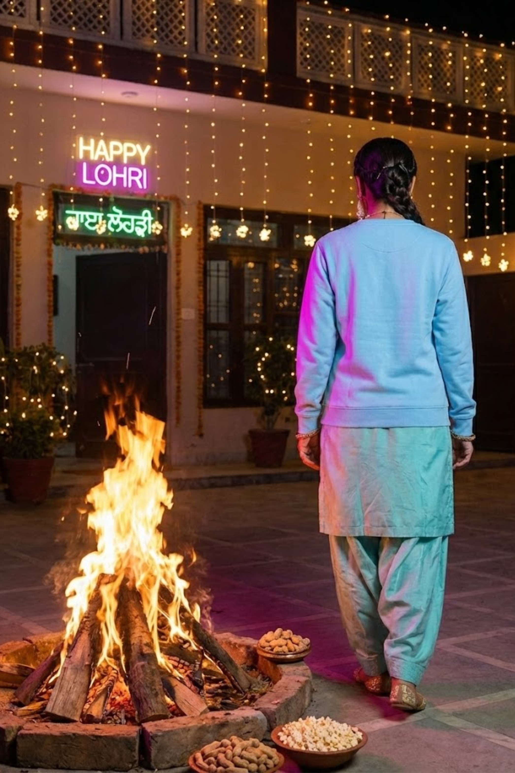 Women's Baby Blue Pop Goes the Lohri – Festive Cotton Sweatshirt