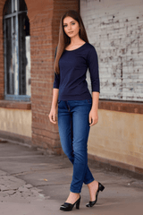 Women's Round Neck Full Sleeve Blue Plain T-shirt