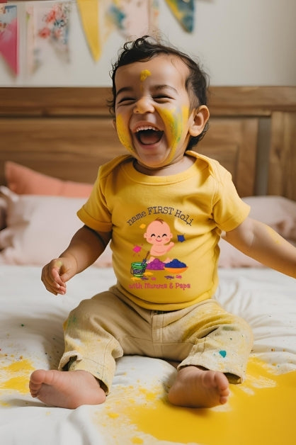 Boys "My First Holi" Name Customized Golden Yellow Half Sleeve T-shirt