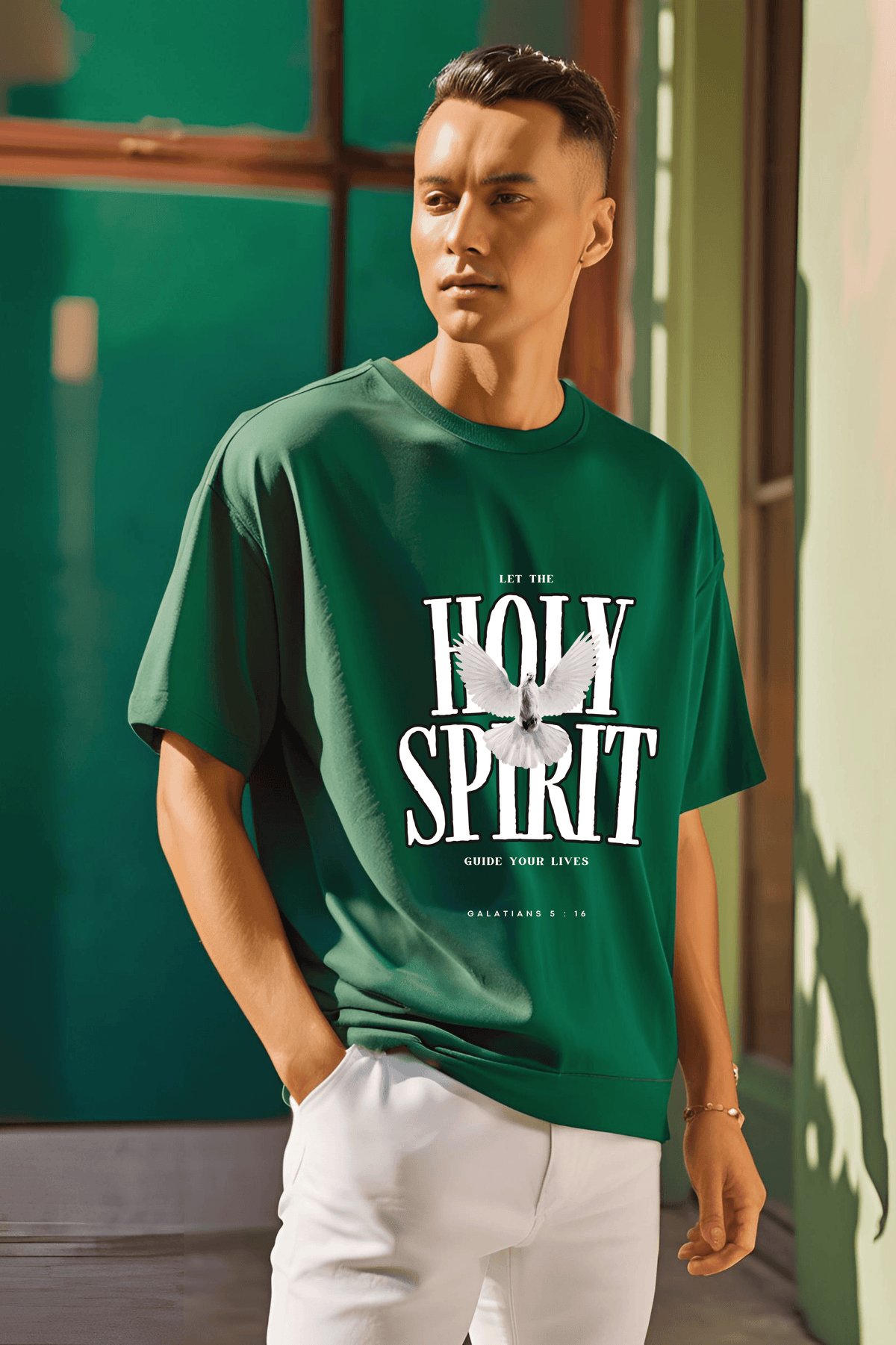 Unisex Bottle Green Round Neck Half Sleeve Holy Spirit Oversized T-shirt