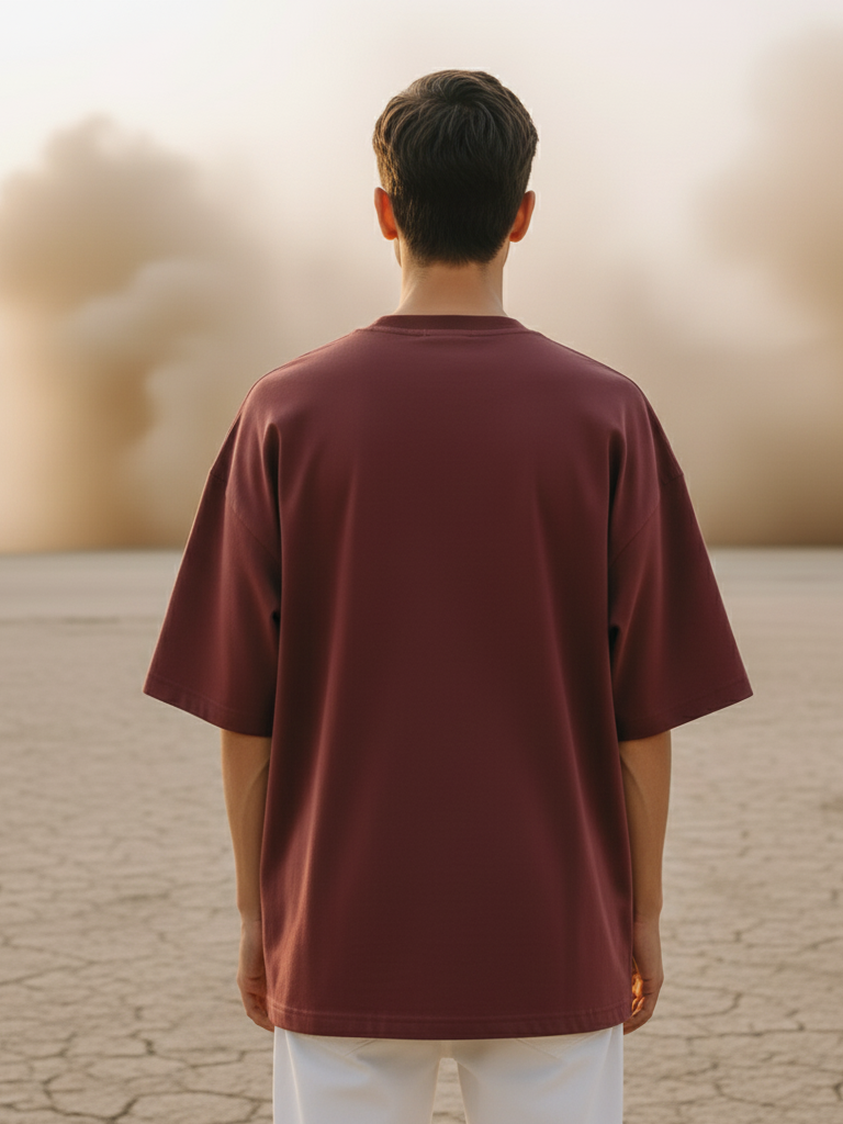 Unisex Maroon Round Neck Half Sleeve Different View Oversized T-shirt