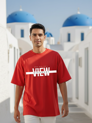 Unisex Red Round Neck Half Sleeve Different View Oversized T-shirt