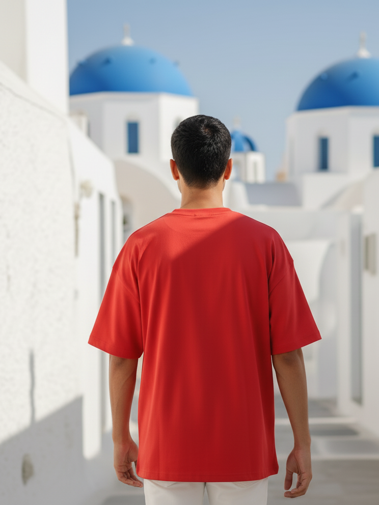 Unisex Red Round Neck Half Sleeve Different View Oversized T-shirt