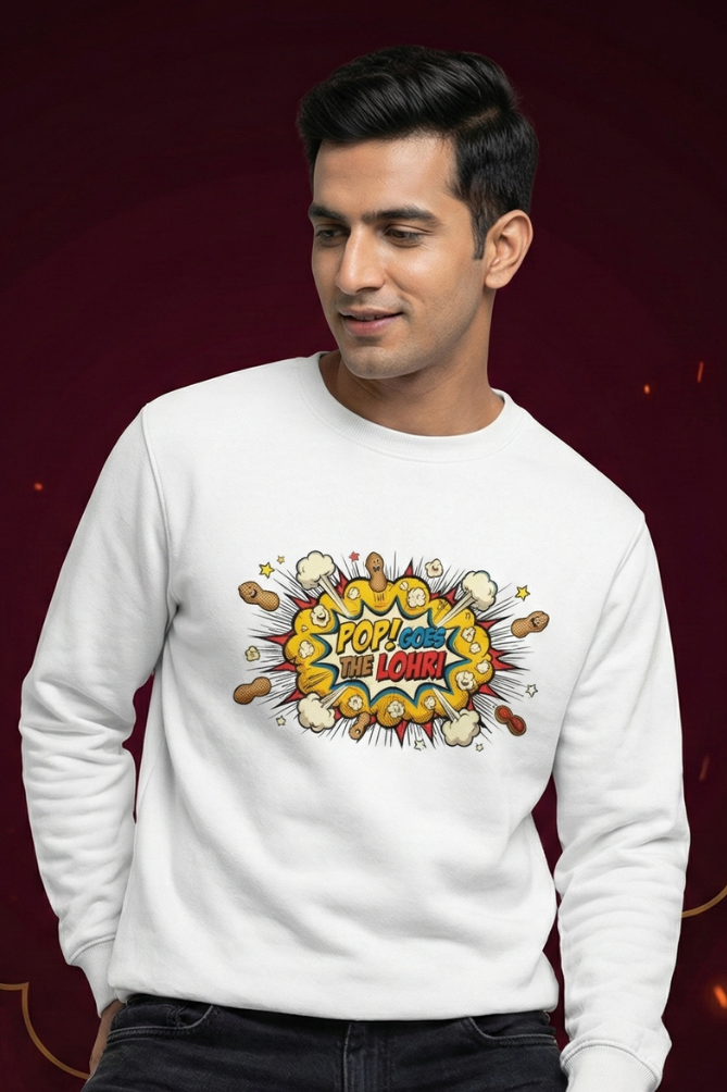 Men's White Pop Goes the Lohri – Festive Cotton Sweatshirt