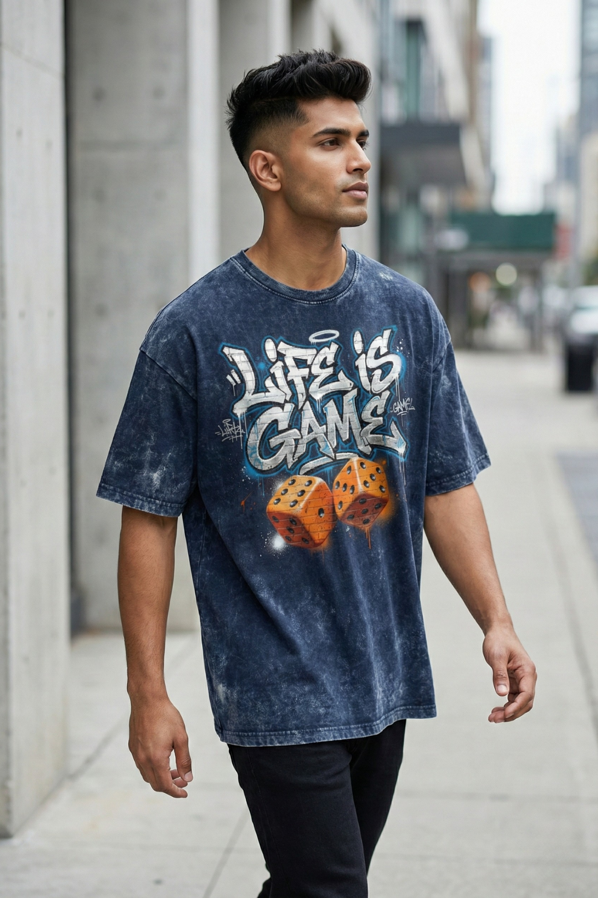 Men's Life Is Game Oversized Acid Wash Navy Blue T-Shirt