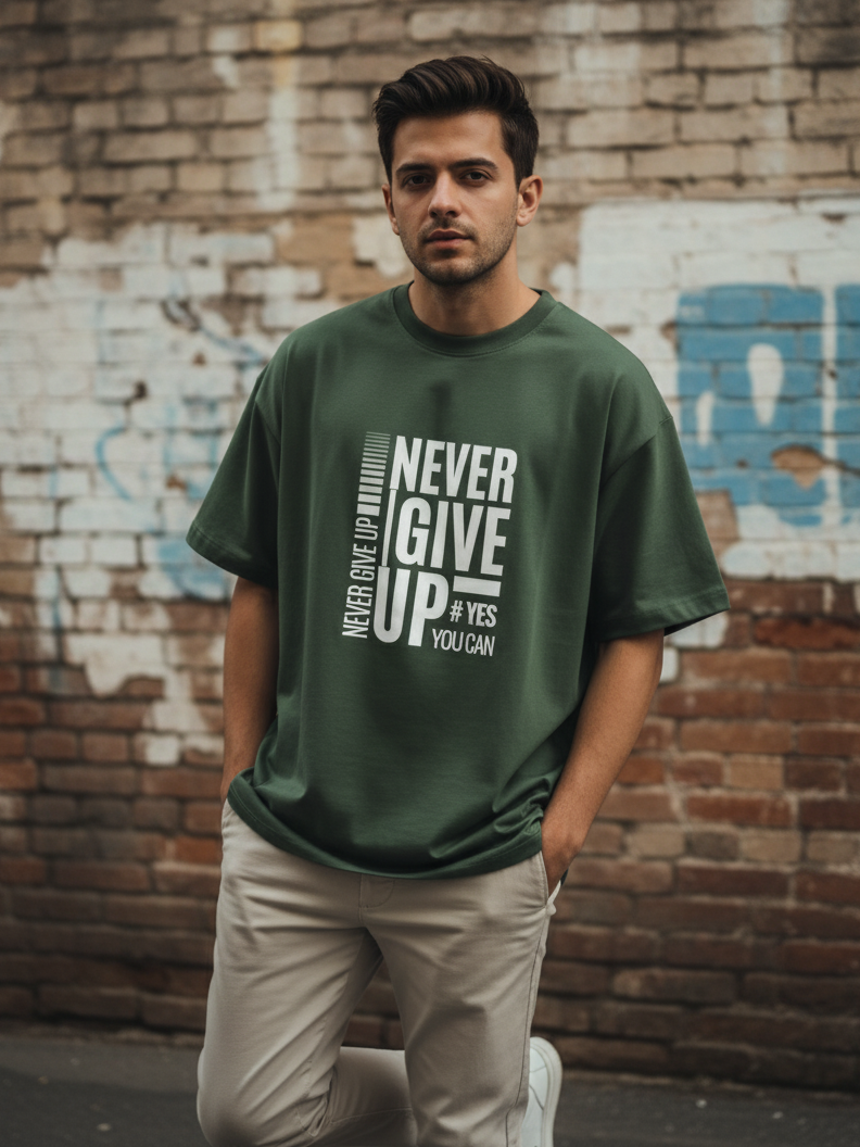 Unisex Bottle Green Round Neck Half Sleeve Never Give Up Oversized T-shirt