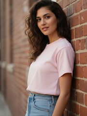 Women's Round Neck Half Sleeve Baby Pink Plain T-shirt