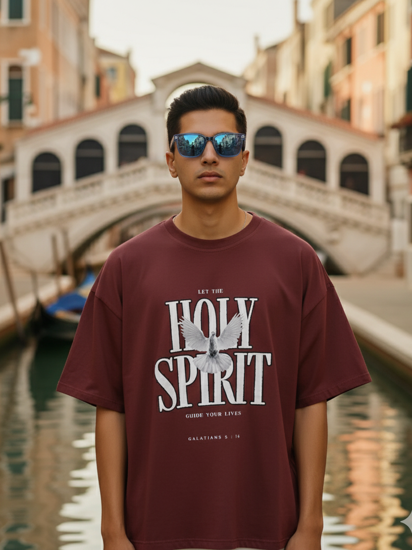 Unisex Maroon Round Neck Half Sleeve Holy Spirit Oversized T-shirt