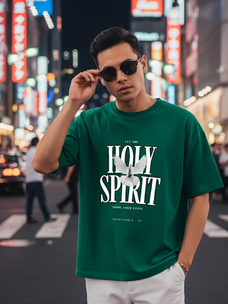 Unisex Bottle Green Round Neck Half Sleeve Holy Spirit Oversized T-shirt