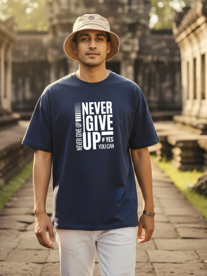 Unisex Navy Blue Round Neck Half Sleeve Never Give Up Oversized T-shirt