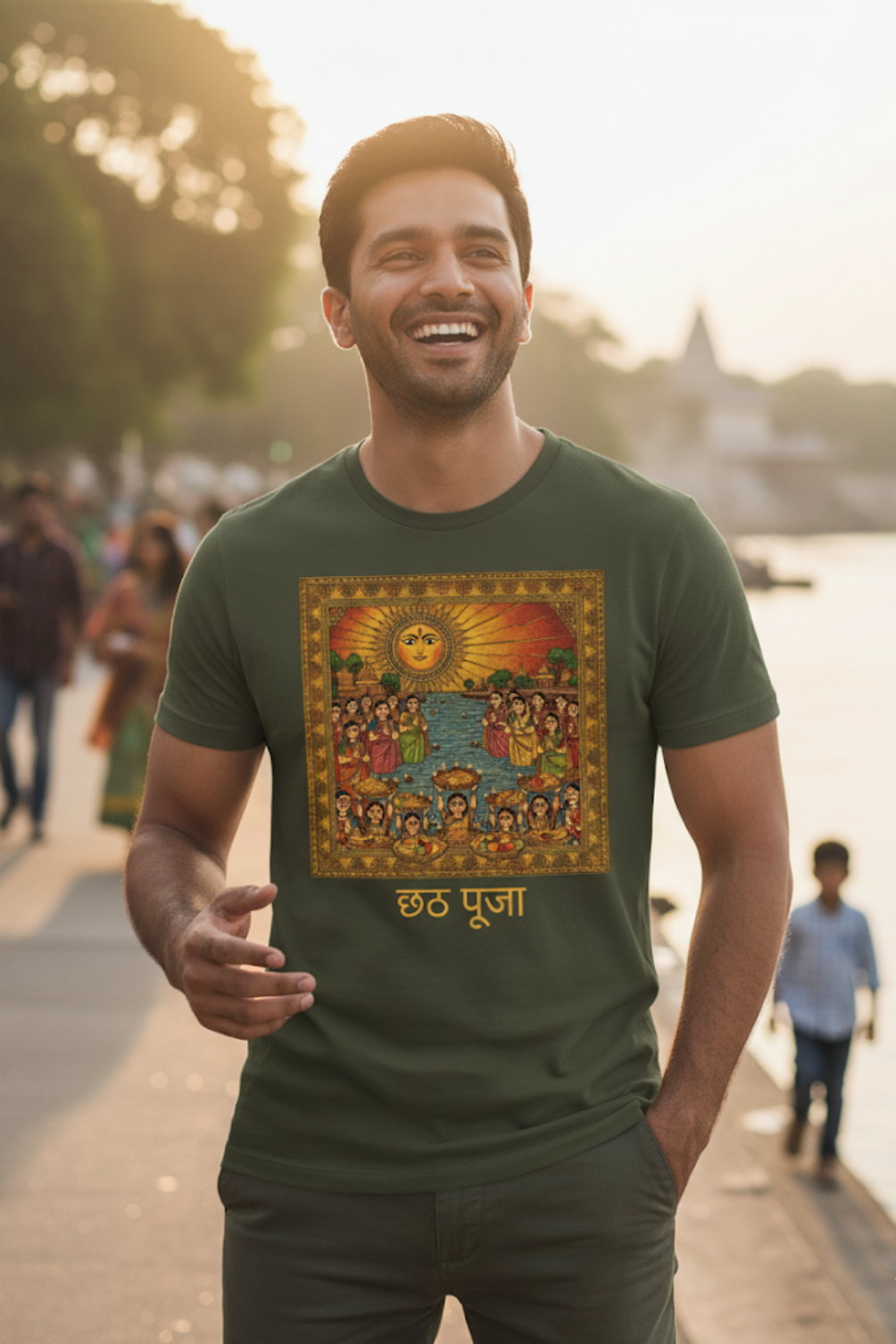 Unisex Folk Art Chhath Puja Graphic Classic Crew Bottle Green T-Shirt
