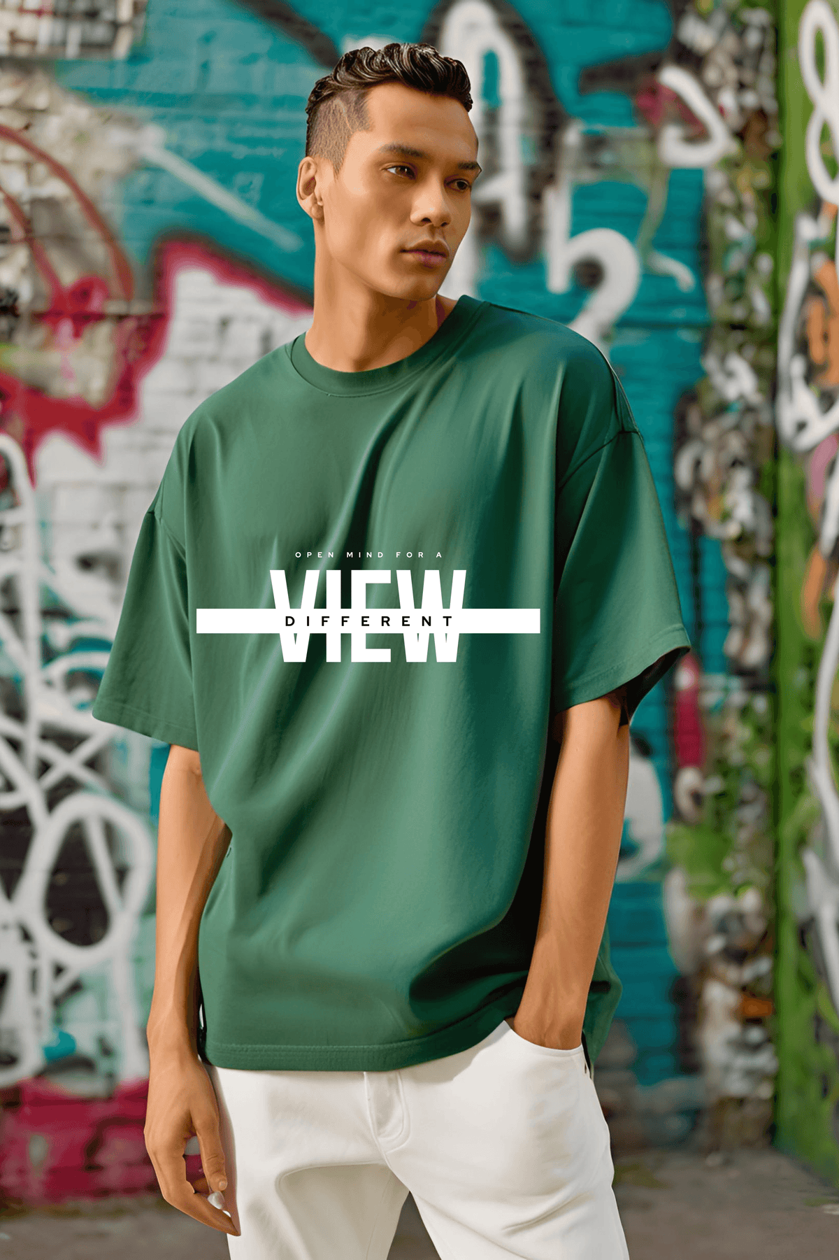 Unisex Bottle Green Round Neck Half Sleeve Different View Oversized T-shirt