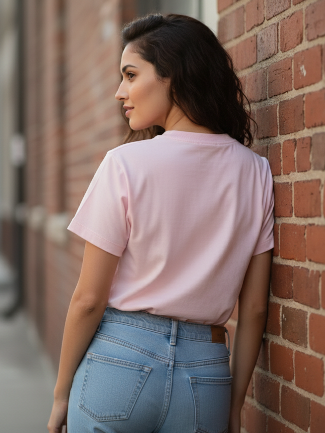 Women's Round Neck Half Sleeve Baby Pink Plain T-shirt