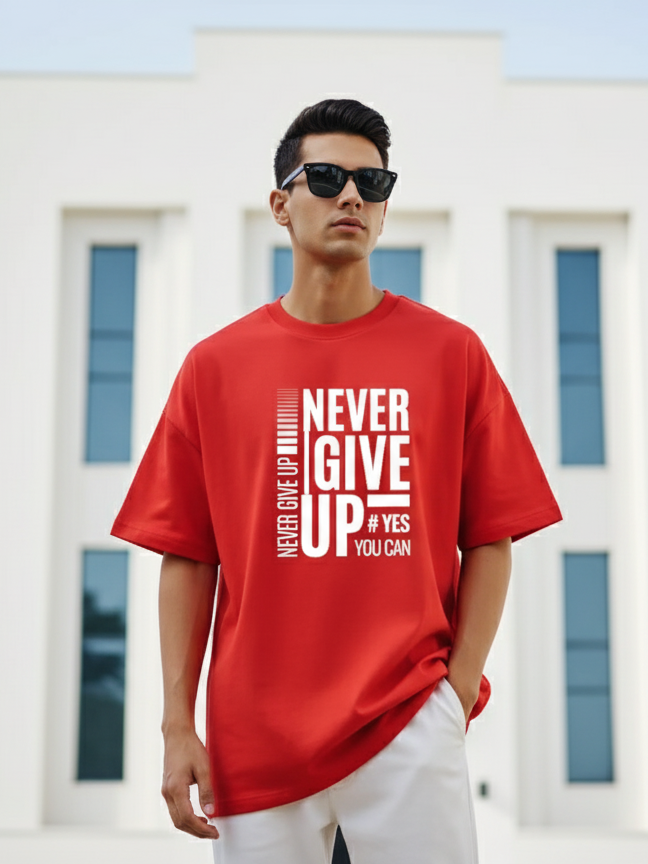 Unisex Red Round Neck Half Sleeve Never Give Up Oversized T-shirt