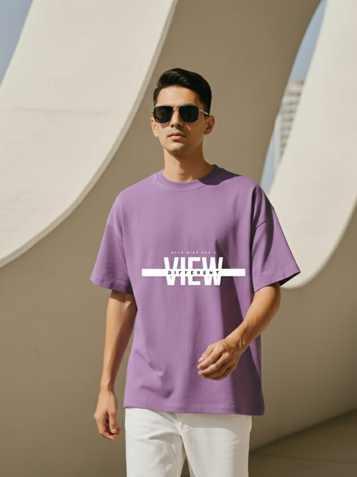Unisex Purple Round Neck Half Sleeve Different View Oversized T-shirt