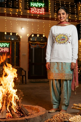 Women's White Pop Goes the Lohri – Festive Cotton Sweatshirt
