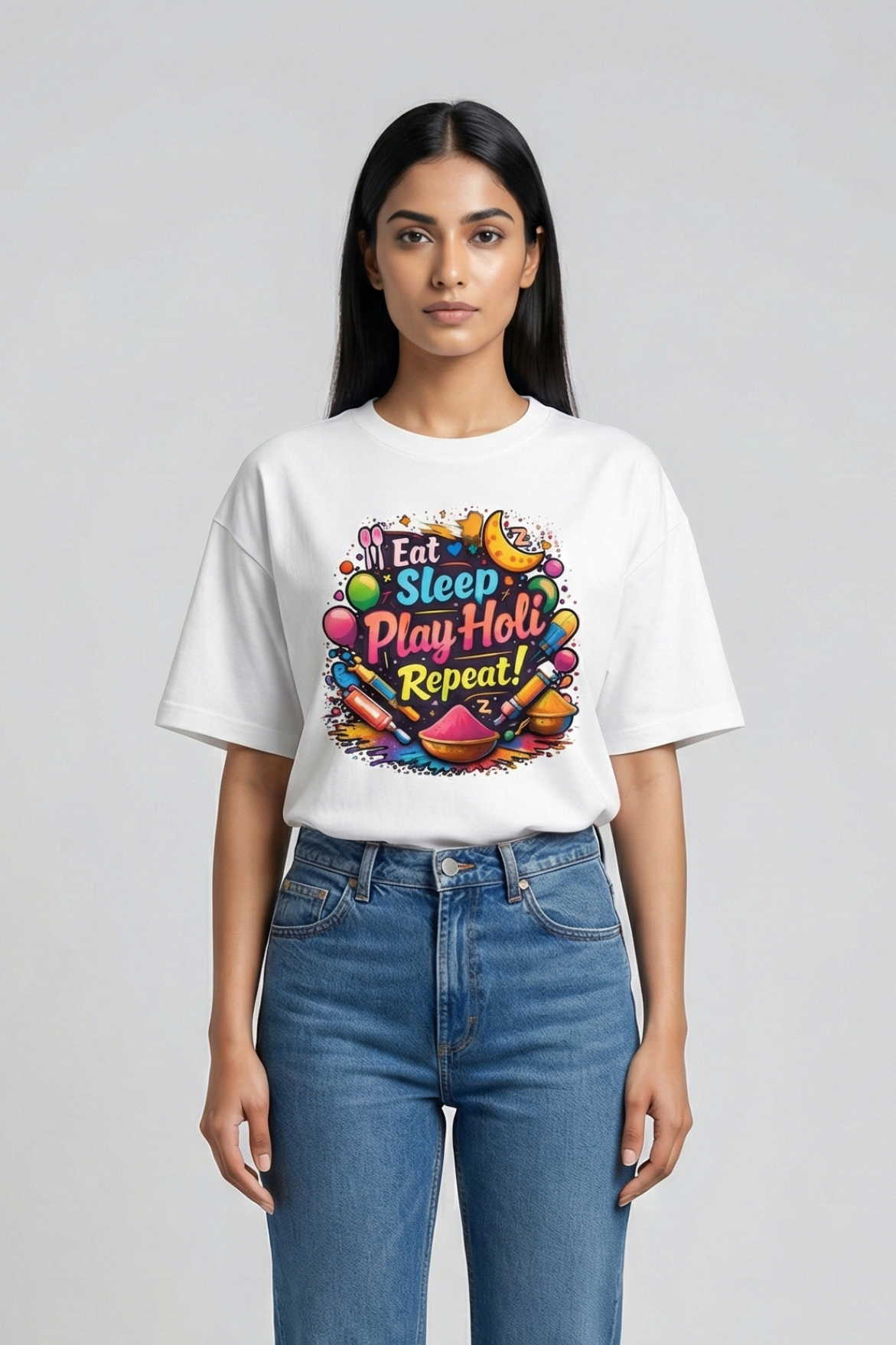 Women's Eat Sleep Play Holi Repeat – Classic Oversized White T-Shirt