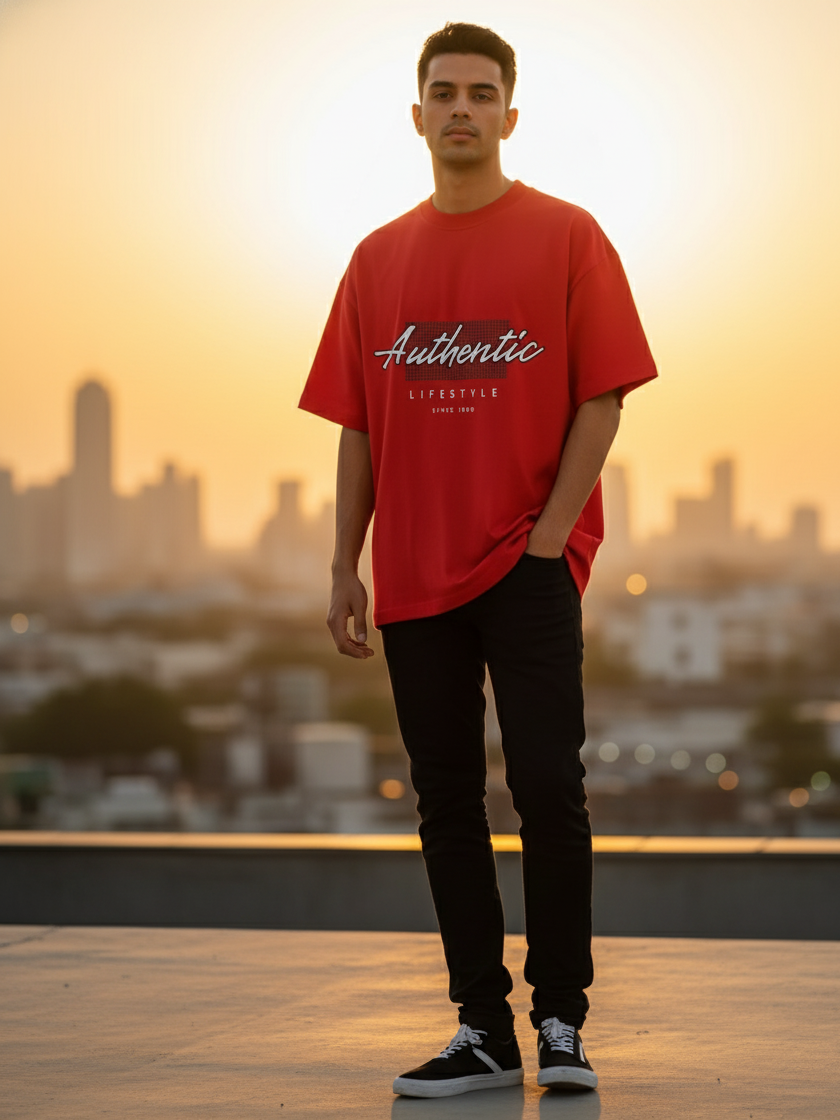 Unisex Red Round Neck Half Sleeve Authentic Oversized T-shirt